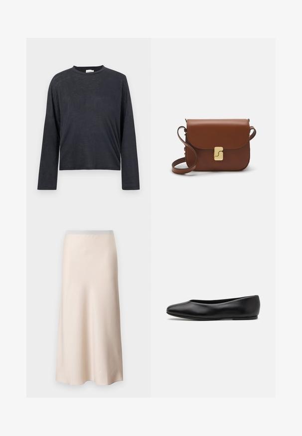 Dark grey, long-sleeve, cropped t-shirt made from a lightweight, slightly textured fabric. Features a round neckline and loose fit.; Pale beige midi skirt with a smooth, satin-like finish and a light gray elastic waistband. Flared design tapering towards the hem.; Paul Smith TOPANGA - Ballet pumps - black; Brown leather handbag with a flap closure, gold-tone hardware, a shoulder strap, and a smooth texture. Compact rectangular shape.
