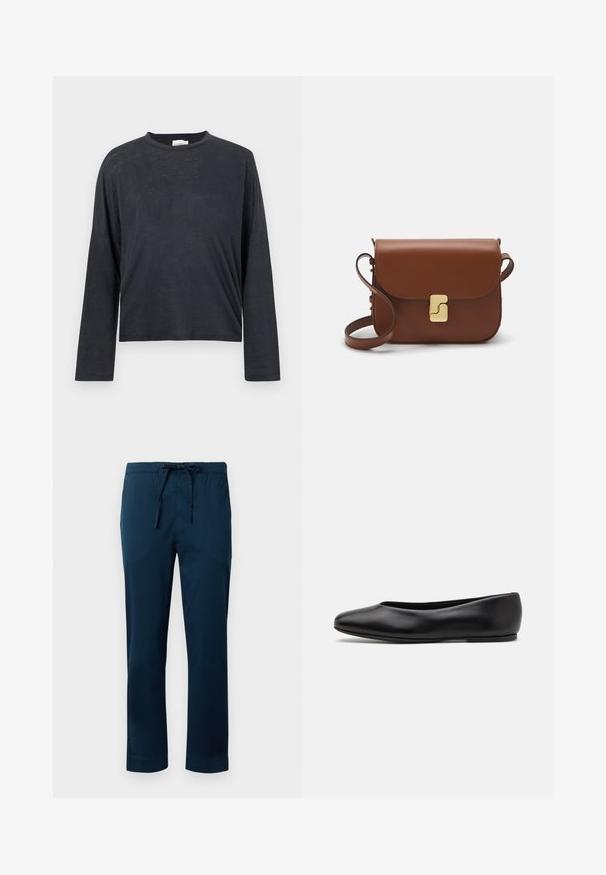 Donkergrijze, lange mouwen, cropped t-shirt gemaakt van een lichtgewicht, licht textuurstof. Beschikt over een ronde halslijn en een losse pasvorm.; Marineblauwe lichtgewicht broek met een elastische tailleband en verstelbare trekkoord. Glad materiaal, recht gesneden pijpen en omgeslagen zoom.; Paul Smith TOPANGA - Ballerina's - black; Bruine leren handtas met een klep sluiting, gouden hardware, een schouderband en een gladde textuur. Compact rechthoekige vorm.