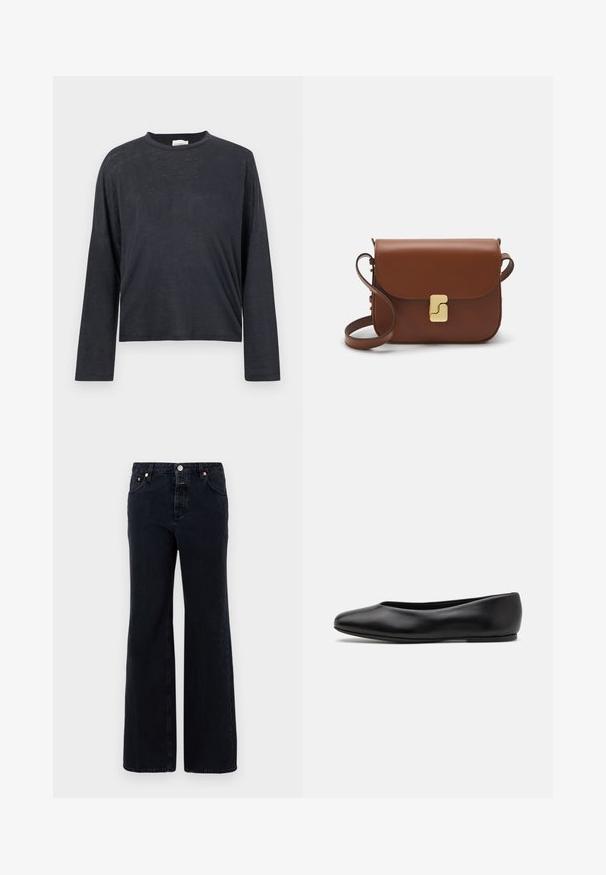 Dunkelgraues, langärmeliges, gekürztes T-Shirt aus einem leichten, leicht strukturierten Stoff. Hat einen runden Halsausschnitt und eine lockere Passform.; Schwarze Jeans aus Denim mit weiter Beinform, ausgestattet mit einem Knopfverschluss, fünf Taschen und dezenten Steppnähten.; Paul Smith TOPANGA - Klassischer Ballerina - black; Braune Ledertasche mit Klappenverschluss, Beschlägen in Goldfarbe, einem Schultergurt und einer glatten Oberfläche. Kompakte rechteckige Form.