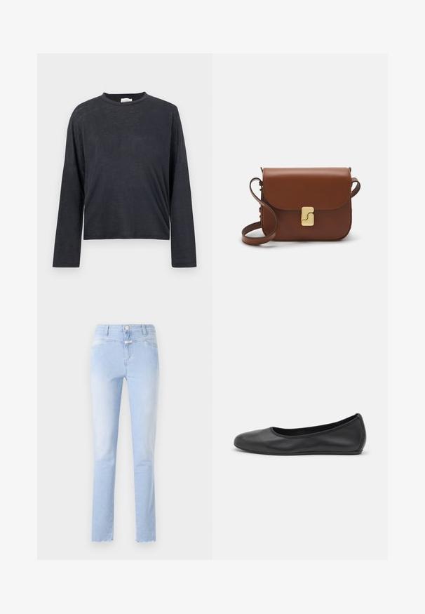 Camiseta corta de manga larga en gris oscuro, hecha de una tela ligera y ligeramente texturada. Presenta un escote redondo y un corte holgado.; Jeans de denim azul claro con corte recto, presentan un lavado descolorido, diseño de cinco bolsillos, ligero deshilachado en el dobladillo y cierre frontal de botón.; Bailarina de piel negra con punta redondeada, textura suave, detalle de costura minimalista y diseño de suela flexible.; Bolso de mano de cuero marrón con cierre de solapa, herrajes en tono dorado, correa para el hombro y una textura suave. Forma rectangular compacta.