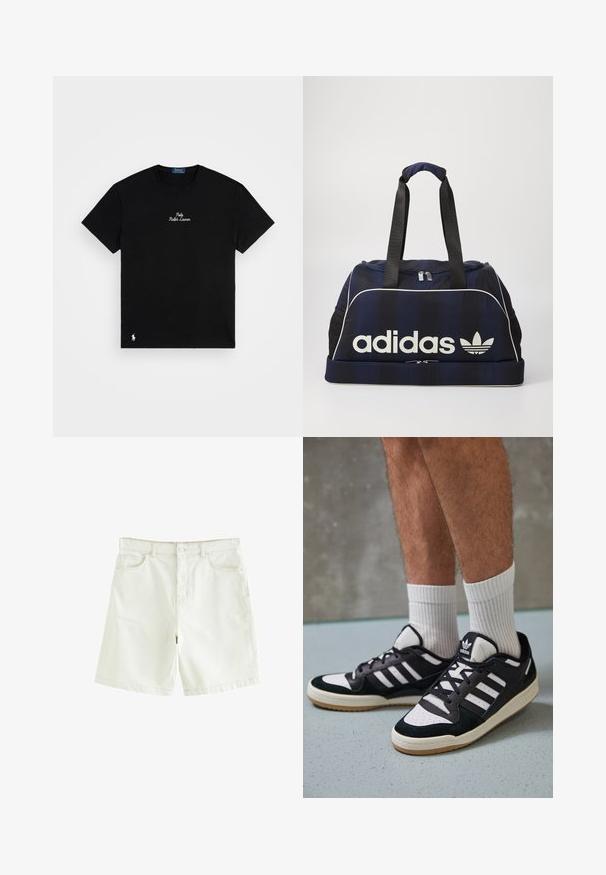 Mustvalge puuvillane T-särk, millel on ümmargune kaelus, lühikesed varrukad, valge tikandiga "Polo Ralph Lauren" logo ja väike valge logo alumisel serval.; Valged teksased lühikesed püksid sirge lõikega, viie taskuga, esise nupuga sulgemine ja nähtav õmblus. Sile tekstuur.; Mustvalged ja valged spordijalatsid, mille pealmine osa on valmistatud suede'ist ja nahast. Kingadel on kolm valget riba, auguline varvas ja kummist tald.; Tumesinine duffel kott valge Adidas logo'ga, millel on lukuga ülemine osa, kaks vastupidavat musta käepidet ja külgmised võrkpocketid. Sile kangatekstuur.