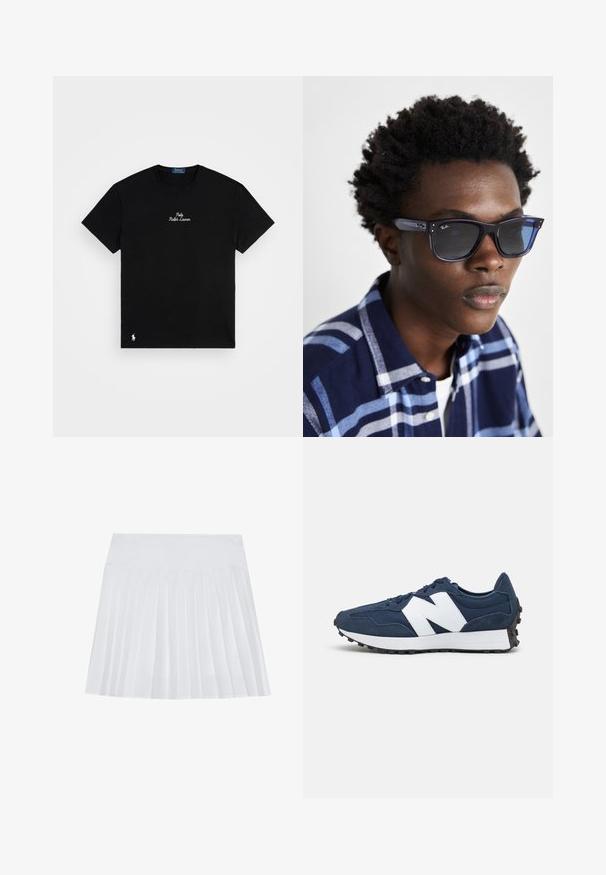Camiseta de algodón negra con cuello redondo, mangas cortas, logotipo bordado "Polo Ralph Lauren" en blanco y un pequeño logotipo blanco en el dobladillo inferior.; Falda plisada blanca con una cinturilla lisa. Fabricada con un tejido ligero y texturizado. Presenta pliegues verticales y uniformes en toda la prenda.; Zapatillas deportivas azul marino con logo blanco, parte superior de ante y malla, que cuentan con un cuello acolchado, cordones planos y suela de goma negra texturizada.; Gafas de sol Ray-Ban azules con un acabado brillante, de forma cuadrada y lentes oscuros; llevan puestas con una camisa de cuadros en tonos azul marino y azul claro.