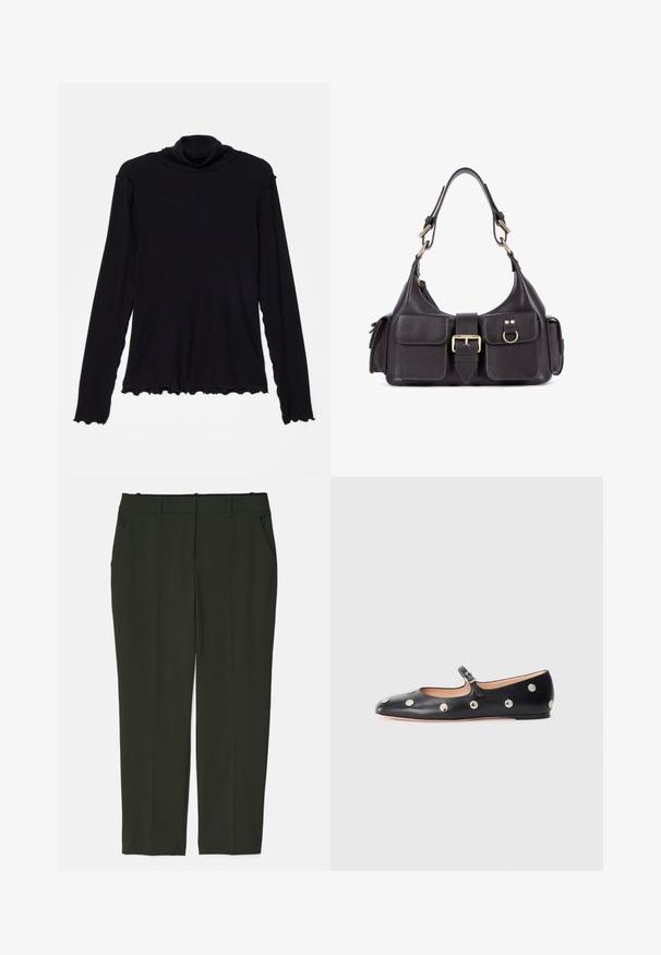 Rodebjer - Bluzka z długim rękawem; Ciemnozielone, dopasowane spodnie wykonane z gładkiego materiału. Posiadają dwie przednie kieszenie, płaski pas oraz prostą nogawkę bez widocznych wzorów.; Czarne skórzane buty typu Mary Jane na płaskim obcasie z zaokrąglonym czubkiem, ozdobione srebrnymi okrągłymi ćwiekami oraz regulowanym paskiem z klamrą.; Czarna skórzana torebka z dwoma przednimi kieszeniami, centralną klamrą i złotymi detalami. Gładka faktura z zaokrąglonym kształtem.