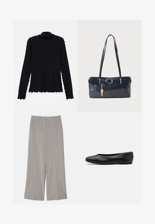 Rodebjer CISNE - Long sleeved top - black; Light gray wide-leg trousers in a smooth, textured fabric. Features include side pockets and a tailored fit with a straight cut.; Paul Smith TOPANGA - Ballet pumps - black; Navy leather handbag with two long handles, a buckle detail, and a keychain attached. Features a smooth texture and a rectangular shape.