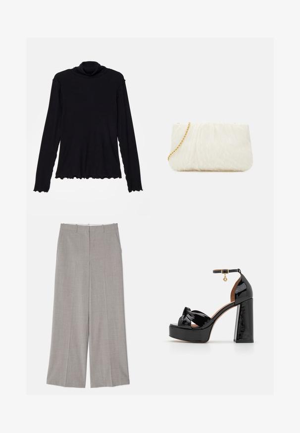 Rodebjer CISNE - Long sleeved top - black; Light gray wide-leg trousers in a smooth, textured fabric. Features include side pockets and a tailored fit with a straight cut.; Maje High heeled sandals - noir; White textured clutch bag with a gathered design, featuring a gold chain strap. Smooth finish with subtle waves and rounded edges.