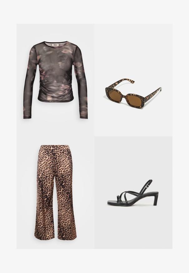 Črni dolg rokav mrežasti top z cvetličnim vzorcem v odtenkih roza in krem, z nabranimi detajli na pasu in okroglo ovratnikom.; Hlače širokih nogavic s leopardjim vzorcem iz mehkega materiala, z bež osnovo in temno rjavimi pikami ter elastičnim pasom.; Črne natikače s trakovi in kvadratnim prstom ter nizkim blokastim peto. Imajo več tankih trakov in nastavljiv trak okoli gležnja. Narejene so iz gladkega usnja.; Sončna očala iz kornjačine s poudarjenim, okroglim okvirjem in rjavimi lečami. Imajo subtilne vzorce in ravne, zožene ročke.; Črna usnjena torba s gladko teksturo, strukturirano obliko, dvema ročkama in izrazitim srebrnim sponko na sprednji strani.