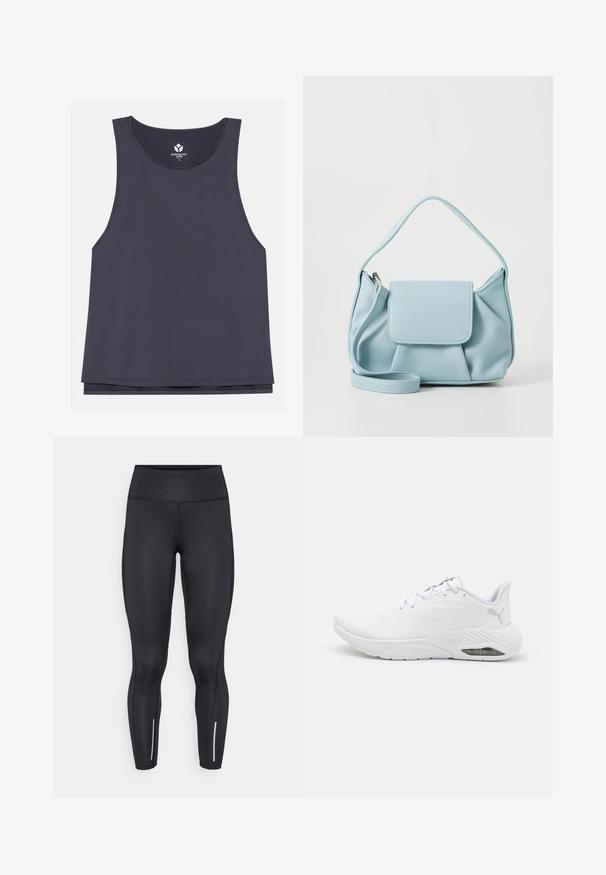 Top active grigio scuro realizzato in un tessuto morbido e traspirante. Presenta una scollatura rotonda e un design senza maniche con una vestibilità rilassata.; Leggings neri realizzati in materiale elastico con una vita alta, caratterizzati da dettagli riflettenti vicino alle caviglie e una texture liscia.; Scarpa da corsa bianca realizzata in materiale sintetico con un design fluido, caratterizzata da dettagli in rete, un collare imbottito e un'ammortizzazione d'aria visibile.; Borsa a mano in pelle blu chiaro con manico superiore, tasca con pattina frontale e tracolla rimovibile su sfondo bianco.
