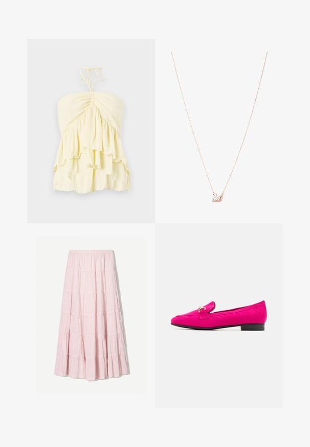 Yellow strapless top with ruched bodice, featuring layered ruffles. Made from lightweight fabric with a soft texture. Ties at the neck.; Light pink, tiered maxi skirt made of a textured, lightweight fabric. Elastic waistband and flowing hem with ruffled accents.; Fuchsia suede loafers with a flat black heel, featuring a decorative strap and small buckle detail. Smooth texture and sleek silhouette.; Rose gold necklace with a swan pendant, embellished with clear crystals. The chain features a delicate link design.