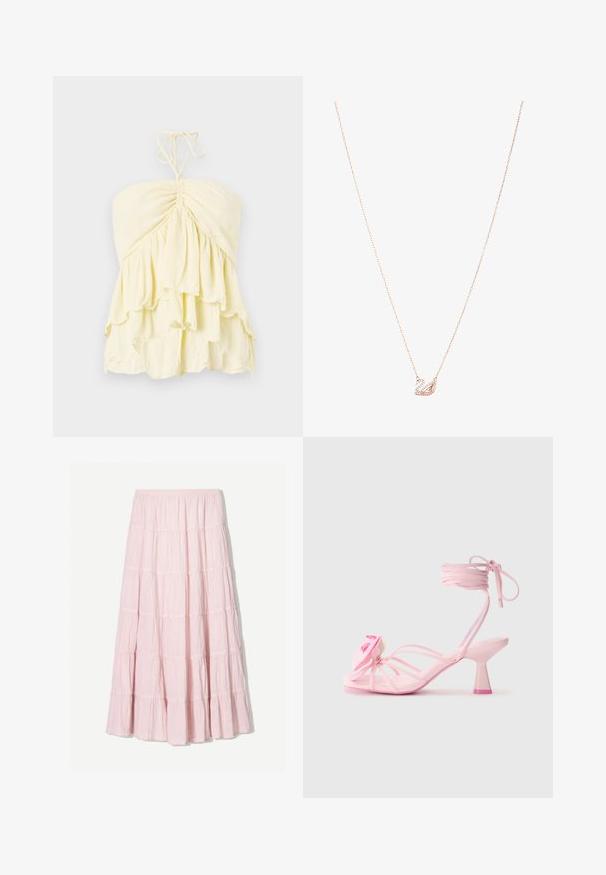 Geel strapless top met gerimpeld lijfje, voorzien van gelaagde ruches. Gemaakt van lichte stof met een zachte textuur. Te strikken in de nek.; Lichtroze, gelaagde maxi-rok van een gestructureerde, lichte stof. Elastische tailleband en vloeiende zoom met ruches.; Roze hakken met dunne bandjes en een bloemig accent op de teen. De hak heeft een chunky ontwerp met een contrasterende roze punt. Glad textuur.; Roségouden ketting met een zwaan hanger, versierd met heldere kristallen. De ketting heeft een verfijnd schakeldesign.