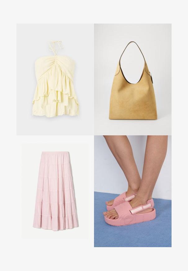 Rumena brezramna majica z nabranim korpusom, ki ima slojevite ruffles. Narejena iz lahkega materiala z mehkobo. Zavezuje se okrog vratu.; Svetlo roza, večerna krila s sloji iz teksturirane, lahke tkanine. Elastika v pasu in padajoči rob z nabrano obrobo.; Roza gumijasta natikača s teksturirano zgornjo stranjo, nastavljivim trakom in debelim podplatom, ki prikazuje valovite vzorce in logotip blagovne znamke na strani.; Rumena antilopasta hobo torba s gladko teksturo, širokim odprtjem in rjavim usnjenim zaključkom ob vrhu. Ima zaponko iz srebrne barve.
