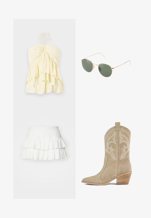 Rumena brezramna majica z nabranim korpusom, ki ima slojevite ruffles. Narejena iz lahkega materiala z mehkobo. Zavezuje se okrog vratu.; Bela mini krila z več plastmi, izdelana iz teksturirane tkanine in z elastičnim pasom. Vsebuje tri naborke s subtilnim vzorcem mrežice.; Bež kavbojski čevelj iz semiša z ostro konico, okrasnim belim šivom, visokim zavihkom in lesenim petom.; Zlate sončne očala z zelenimi lečami, okrogle oblike, tanke ročice in bele plastične podrobnosti na konicah ročic.; Ogrlica v rožnato zlato z obeskom v obliki laboda, okrašena s prozornimi kristali. Veriga ima občutljiv dizajn povezav.