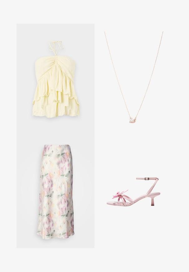 Geel strapless top met gerimpeld lijfje, voorzien van gelaagde ruches. Gemaakt van lichte stof met een zachte textuur. Te strikken in de nek.; Bloemige midi-rok van lichte stof, met een aquarelprint in pastelkleuren, met een vloeiende snit en subtiele glans.; Roze gepatineerde leren sandalen met hakken en een bloemaccent op de teen, met een verstelbare enkelband en een slanke, korte hak.; Roségouden ketting met een zwaan hanger, versierd met heldere kristallen. De ketting heeft een verfijnd schakeldesign.