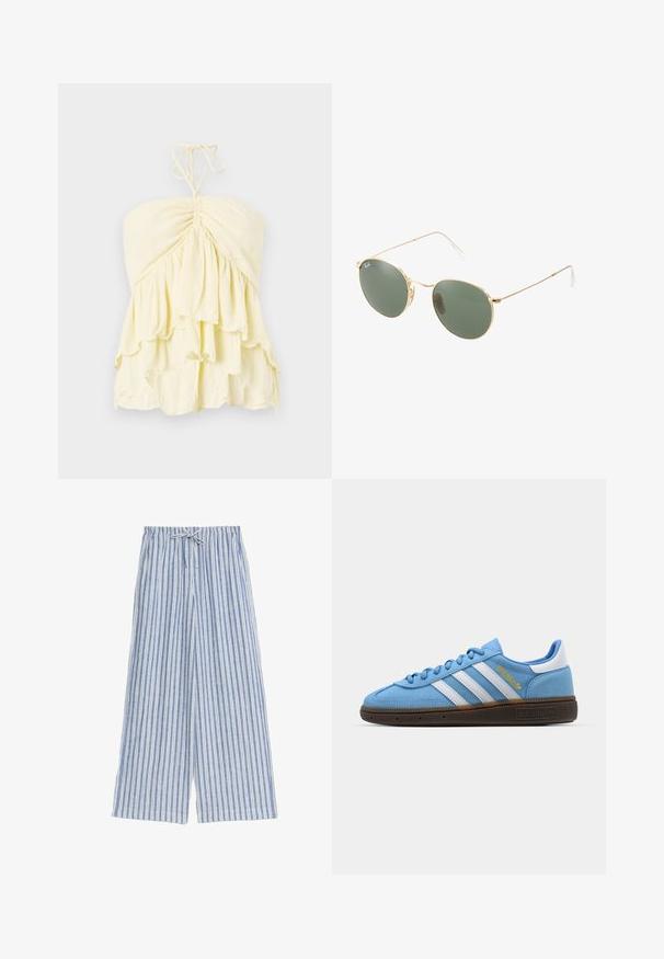 Żółta top bez ramiączek z marszczonym korpusem, z warstwowymi falbanami. Wykonany z lekkiego materiału o miękkiej fakturze. Zawiązywany w okolicy szyi.; Niebieskie i białe pasiaste spodnie szerokie w nogawkach z elastycznym paskiem, wykonane z lekkiego materiału, z pionowymi paskami i luźnym krojem.; Jasnoniebieskie zamszowe trampki z białymi skórzanymi paskami, brązową teksturowaną podeszwą i złotym logo. Niskoprofilowy design z zaokrąglonym czubkiem.; Okulary przeciwsłoneczne w złotej metalowej oprawie z zielonymi soczewkami, o okrągłym kształcie, cienkich zausznikach i białych plastikowych akcentach na końcach ramion.; Żółta plisowana torebka wykonana z gładkiej sztucznej skóry, charakteryzująca się miękkim kształtem, pojedynczym paskiem na ramię oraz marszczonym designem u góry.
