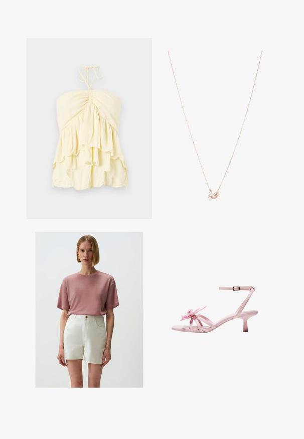 Geel strapless top met gerimpeld lijfje, voorzien van gelaagde ruches. Gemaakt van lichte stof met een zachte textuur. Te strikken in de nek.; Jimmy Key HIGH WAIST - Jeansshort - ecru; Roze gepatineerde leren sandalen met hakken en een bloemaccent op de teen, met een verstelbare enkelband en een slanke, korte hak.; Roségouden ketting met een zwaan hanger, versierd met heldere kristallen. De ketting heeft een verfijnd schakeldesign.
