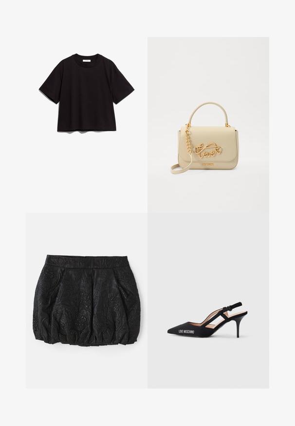 T-shirt en coton noir avec un col rond et des manches courtes. Présente une coupe décontractée et un design simple, sans embellissement.; Jupe en cuir noir avec un motif floral en relief, des plis froncés et une taille lisse. Dotée d'une fermeture éclair dissimulée à l'arrière.; Escarpin noir à talon haut avec bout pointu, présentant un design de bride et le logo "LOVE MOSCHINO" sur le côté. Texture lisse.; Sac à main en simili cuir beige avec une poignée supérieure et une bandoulière en chaîne. Présente un logo "love" doré et des accents métalliques. Texture lisse et forme rectangulaire.