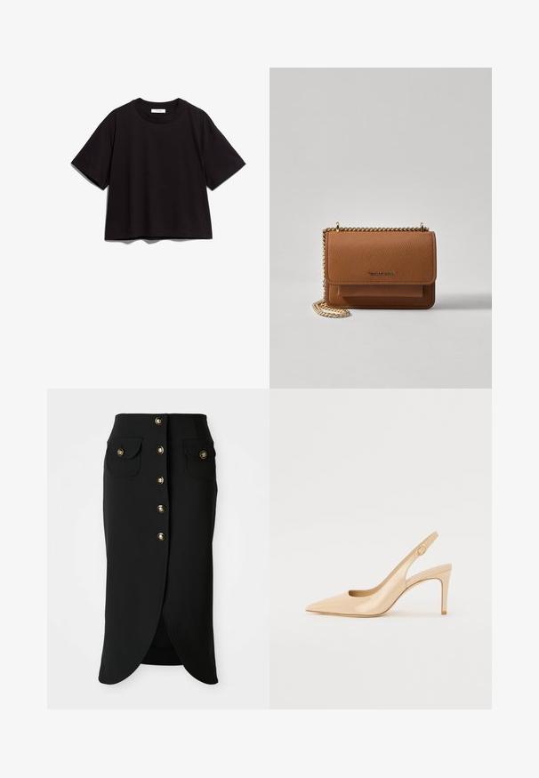 Crna pamučna kratka majica s okruglim izrezom i kratkim rukavima. Ima opuštenu kroj i jednostavan, neukrašen dizajn.; Crna suknja do koljena izrađena od glatkog materijala, s prednjim kopčanjem na dugmad, dva bočna džepa i visokim prorezom straga. Akcenti od zlatnih dugmadi.; Nude lakirane slingback štikle s zašiljenim nosem, otvorenim prednjim dijelom i tankim štiletto potplatima. Sadrži kružni zlatni detalj na remenu.; Smeđa kožna torba preko tijela s teksturom, zlatnim lančićem i preklopom na zatvaranju. Na prednjoj strani nalazi se detalj s potpisom i džep ispod preklopa.