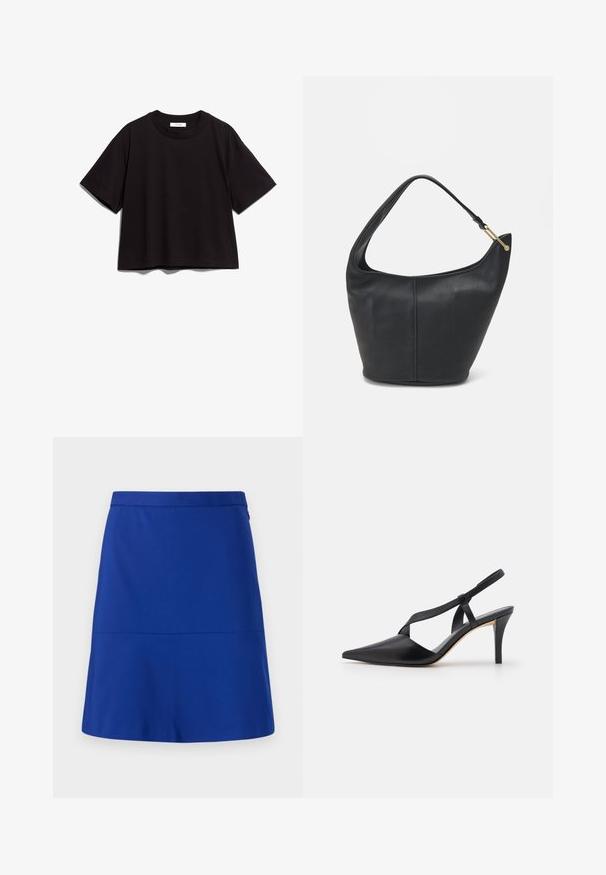 Fekete pamut rövid ujjú t-shirt, kerek nyakkivágással. Lazán illeszkedő stílus, egyszerű, díszítés nélküli dizájnnal.; Egy sima szövetből készült kék szoknya, amelynek jól meghatározott derékpántja és egyszerű, bővülő fazonja van, díszítések vagy minták nélkül.; Fekete bőr, pántos magassarkú cipő, hegyes orral, keresztbe futó pánttervezéssel és vékony sarkával, amely elegáns sziluettet kölcsönöz.; Fekete bőrtáska kerekded formával, széles pánttal és texturált felülettel. Finom varrási részletekkel és arany színű fém díszítéssel rendelkezik.