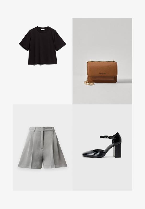 Melnas kokvilnas īsām piedurknēm kreklis ar apaļu kakla izgriezumu. Tam ir brīvs piegriezums un vienkāršs, neizpušķots dizains.; Pelēki plīvēti šorti, kas izgatavoti no gludas auduma, ar augstu jostasvietu, priekšējām kabatām un pielāgotu dizainu ar skaidrām līnijām.; Melna lakota ādas augstpapēžu kurpes ar kvadrātu purngalu, potītes siksniņu un masīlu papēdi. Iekļauj perforētu apdari gar malu.; Brūna teksturēta ādas plecu soma ar zelta ķēdes siksnu un atloka aizdari. Priekšpusē ir logotipa detaļa un kabata zem atloka.