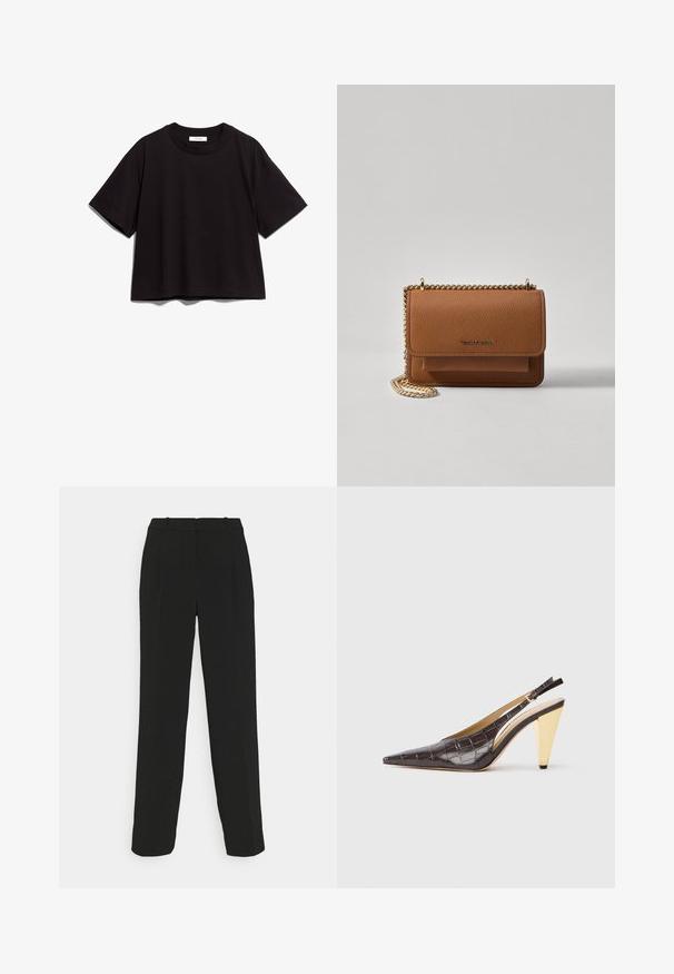 Camiseta de algodón negra de manga corta y cuello redondo. Tiene un corte holgado y un diseño sencillo y sin adornos.; Pantalones negros ajustados con un diseño de pierna recta, con una cintura alta, pliegues y una textura de tela suave.; Zapatos de tacón tipo slingback de punta afilada en imitación de cocodrilo brillante de color marrón oscuro. Presenta un tacón geométrico en tono dorado y una correa ajustable en el tobillo.; Bolso crossbody de cuero texturizado marrón con correa de cadena dorada y cierre de solapa. La parte frontal presenta un detalle de logo y un bolsillo debajo de la solapa.