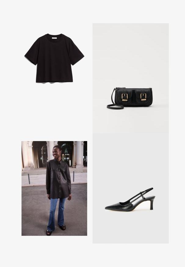 Černé bavlněné tričko s krátkým rukávem a kulatým výstřihem. Nabízí volný střih a jednoduchý, nezdobený design.; Černá kožená košile s knoflíkovým zapínáním, límečkovým designem a přední kapsou, kombinovaná s rozšířenými modrými džíny a černými sandály.; Černé lakované slingback podpatky s špičatou špičkou, zdobené texturovaným hadím vzorem, nastavovacím páskem a krátkým texturovaným blokovým podpatkem.; Černá kožená crossbody taška se dvěma předními kapsami, zlatými přezkami, zipovým uzávěrem a štíhlým popruhem. Texturovaný povrch a kompaktní obdélníkový tvar.