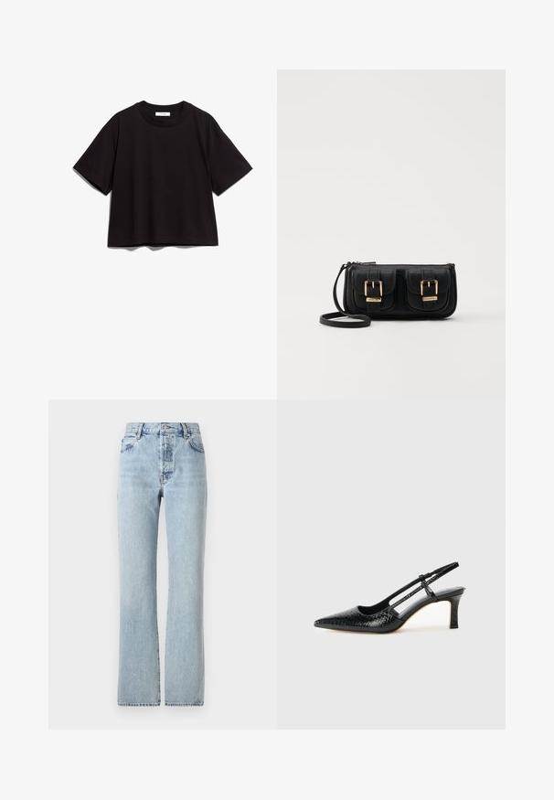 Black cotton crop t-shirt with a round neckline and short sleeves. Features a relaxed fit and simple, unembellished design.; Light blue denim jeans with a high waist, straight legs, classic five-pocket design, and subtle fading throughout.; Black patent slingback heel with a pointed toe, featuring textured snake print, adjustable strap, and a short, textured block heel.; Black leather crossbody bag with two front pockets, gold buckles, zipper closure, and a slim strap. Textured surface and compact rectangular shape.