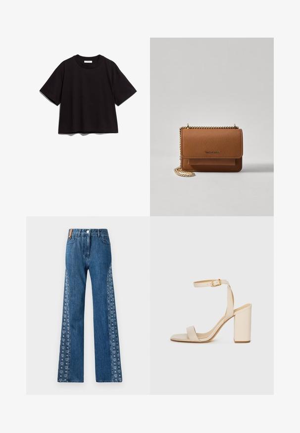 Must musta lühikese varrukaga t-särk ümmarguse kaeluse ja lõdva istuvusega. Omab lihtsat, kaunistamata disaini.; MCM Sirgete säärtega teksad - blue; Beez värvi kõrge kontsaga sandaal ruudukujulise varba, peene pahkluu rihma ja plokknupuga. Sile nahk текстuur kuldse pandlaga detailiga.; Pruun tekstureeritud nahk ristkeha kott kuldse ahelaga rihmaga ja klapiga sulgemine. Esiküljel on logo detail ja tasku klapi all.