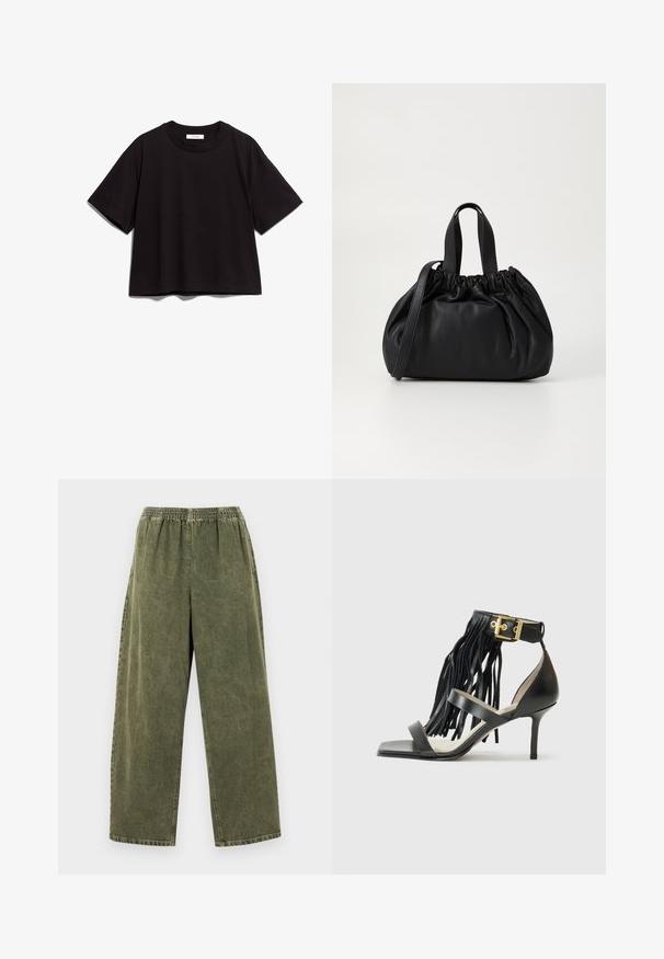 Black cotton crop t-shirt with a round neckline and short sleeves. Features a relaxed fit and simple, unembellished design.; American Vintage UZATOWN - Relaxed fit jeans - olive; Black high-heeled sandal with fringed detail, ankle strap featuring gold hardware, flat square toe, and two crossing straps across the vamp.; Black leather handbag with a gathered top design, featuring two short handles and a long adjustable strap. Smooth texture, rounded shape.