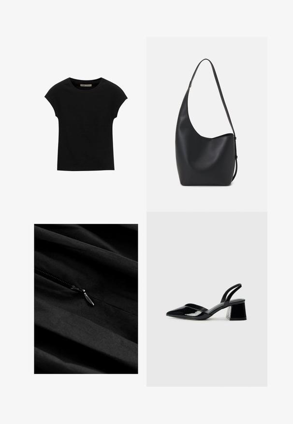 Sort t-shirt med korte ærmer lavet af blødt stof, med rund halsudskæring og en afslappet pasform, med en glat tekstur og uden mønstre.; Sort stof med en glat tekstur og en synlig lynlås. Lynlåsen har et metallisk træk, der subtilt blander sig med det mørke materiale.; Sorte patentlæder slingback hæle med spids tå og en geometrisk blok hæl. Har et elegant, minimalistisk design og en glat tekstur.; Sort læder hobo taske med en glat overflade, buet form og en enkelt justerbar rem; har en bred åbning øverst.