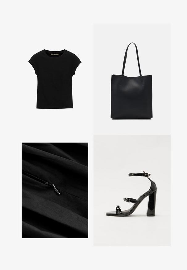 Svart kortärmad t-shirt i mjukt tyg med rund halsringning och avslappnad passform, med en jämn textur och utan mönster.; Svart tyg med en slät textur och en synlig dragkedja. Dragkedjan har en metallisk dragflik som smälter subtilt in med det mörka materialet.; Svarta lackerade klacksandaler med fyrkantig tå, ankelremmar och silverfärgade spännen. Har en kraftig blockklack för stabilitet.; Svart lädertoffelväska med slät textur, rektangulär form och två långa handtag. Ingen synlig hårdvara eller dekorationer.