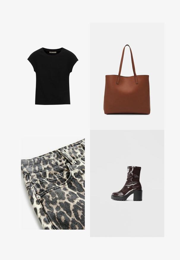 Zwarte korte mouwen t-shirt gemaakt van zachte stof, met een ronde halslijn en een ontspannen pasvorm, met een gladde textuur en zonder patronen.; Dierenprint jeans met een beige en zwart patroon, gemaakt van denim met een gestructureerde afwerking, voorzien van zilveren hardware en stiksels.; Glanzende bordeauxrode enkelboot met een chunky zwarte hak, met een gladde textuur en een eenvoudig ontwerp. Geen zichtbare sluitingen of patronen.; Bruine leren tote bag met een gladde textuur, een ontwerp met een open bovenkant en twee schouderbanden. Kenmerkt zich door minimale stiksels en geen zichtbare hardware.