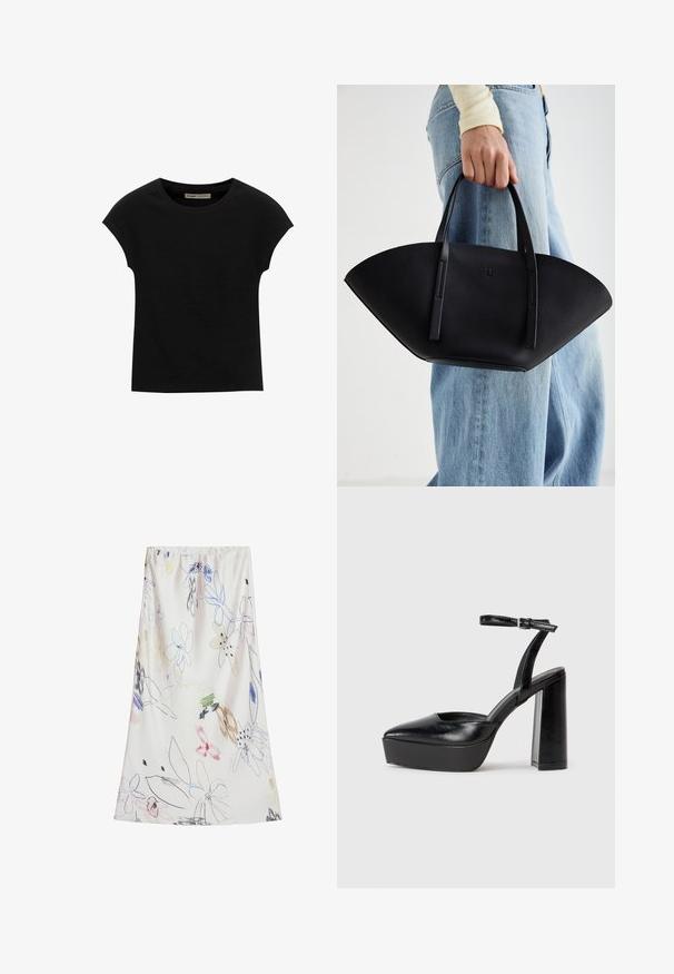 Zwarte korte mouwen t-shirt gemaakt van zachte stof, met een ronde halslijn en een ontspannen pasvorm, met een gladde textuur en zonder patronen.; Desigual WITH STROKES - Maxirok - beige; Zwarte plateauhakken met een puntige neus en verstelbare enkelband. Gemaakt van soepel leer, met een robuuste blokhak.; Zwarte leren handtas met een unieke waaier vorm, voorzien van platte handvatten. Het oppervlak heeft een gewelfde textuur en een minimalistisch ontwerp.
