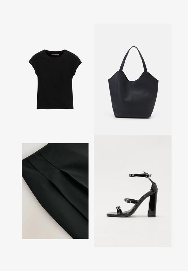Schwarzes Kurzarm-T-Shirt aus weichem Stoff, mit Rundhalsausschnitt und lockerer Passform, glatter Textur und ohne Muster.; Schwarzer Rock mit Falten, aus einem glatten Stoff hergestellt. Verfügt über ein klares Design und eine strukturierte Oberfläche, die die Form und Struktur betont.; Schwarze patentierte Sandalen mit Absatz, quadratischer Spitze, Knöchelriemen und silbernen Schnallen. Mit einem stabilen Blockabsatz für mehr Stabilität.; Schwarze Tote-Bag aus glattem Leder, mit einem abgerundeten, offenen Oberteil, zwei Schulterträgern und einem minimalistischen Design.