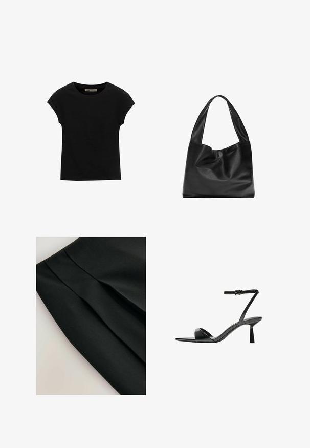 Zwarte korte mouwen t-shirt gemaakt van zachte stof, met een ronde halslijn en een ontspannen pasvorm, met een gladde textuur en zonder patronen.; Zwarte rok met plooien, gemaakt van een gladde stof. Heeft een strak ontwerp en een gestructureerd oppervlak, dat de structuur en vorm benadrukt.; Bershka Sandalen met hoge hak - black; Zwarte leren tote bag met een zachte, slappe vormgeving, brede hengsels en een gladde textuur. Geen zichtbare hardware of versieringen.
