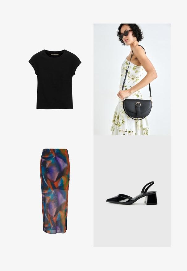 Sort t-shirt med korte ærmer lavet af blødt stof, med rund halsudskæring og en afslappet pasform, med en glat tekstur og uden mønstre.; Multifarvet blyantskirt med en flydende, gennemsigtig stof og abstrakte mønstre i blå, orange og lilla. Elastisk talje med sidelukninger.; Sorte patentlæder slingback hæle med spids tå og en geometrisk blok hæl. Har et elegant, minimalistisk design og en glat tekstur.; Sort læderhåndtaske med en buet form, aftagelig rem og guldfinish. Tasken har en klap med en spænde detalje.