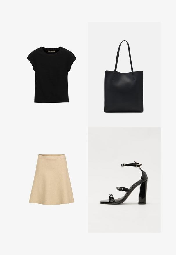 Svart kortärmad t-shirt i mjukt tyg med rund halsringning och avslappnad passform, med en jämn textur och utan mönster.; En beigefärgad, utsvängd kjol tillverkad av ett texturerat tyg med hög midja och en slät fåll, designad för en enkel och ren silhuett.; Svarta lackerade klacksandaler med fyrkantig tå, ankelremmar och silverfärgade spännen. Har en kraftig blockklack för stabilitet.; Svart lädertoffelväska med slät textur, rektangulär form och två långa handtag. Ingen synlig hårdvara eller dekorationer.