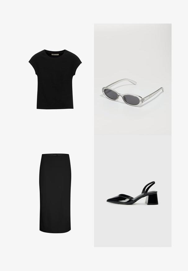 Fekete, rövid ujjú póló, puha anyagból, kerek nyakkivágással és laza szabással, sima felülettel és minták nélkül.; Fekete ceruzaszoknya sima anyagból, testhezálló fazonnal, térd fölé érő vágással és aszimmetrikus varrással az egyik oldalon.; Fekete lakk bőr szandálkés magas sarkú cipő, hegyes orral és geometrikus tömbsarkakkal. Karcsú, minimalista dizájn és sima textúra jellemzi.; Ovális formájú napszemüveg, átlátszó műanyag keret, sötétszürke lencsék és vékony, átlátszó szárak, logóakkcentussal és minimális díszítéssel.; Fekete bőrtáska ívelt formával, levehető pánttal és arany színű fémrészekkel. A táskán egy csattal díszített fedél található.