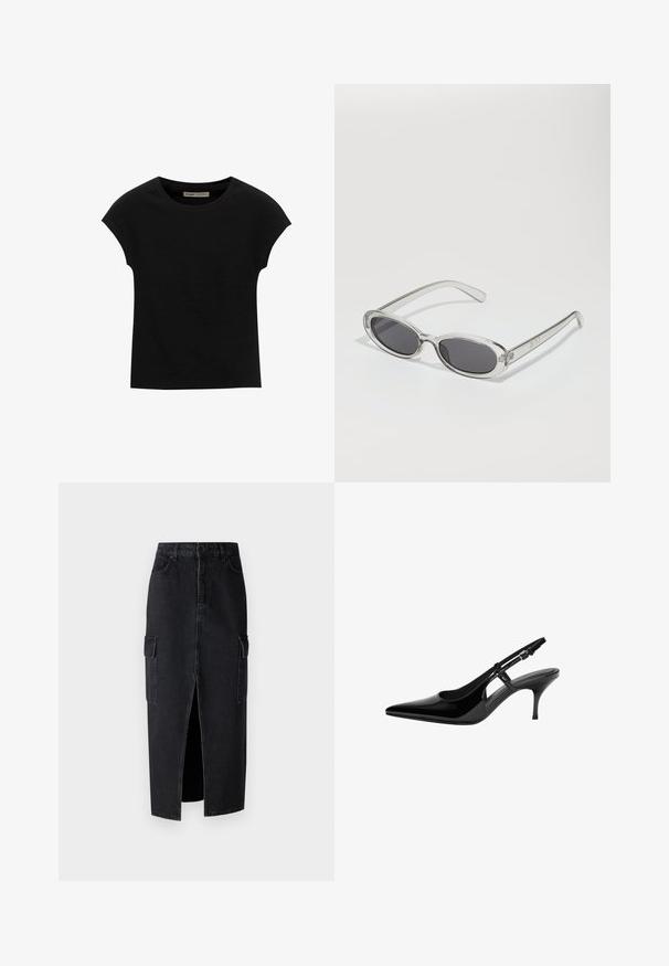 Črna kratka majica s kratkimi rokavi, narejena iz mehke tkanine, z okroglim izrezom in sproščenim krojem, z gladko teksturo in brez vzorcev.; Črna denim maxi krila z sprednjim razporkom, dvema stranskima cargo žepoma in prilegajočim pasom. Tkanina ima gladko teksturo in trdno konstrukcijo.; Črne patentne usnjene slingback čevlje s koničastim nosom, odprtimi stranskimi izrezi, ozkim petam in nastavljivim gležnjava.; Sončna očala ovalne oblike, prozoren plastičen okvir, temno sivi leči in tanke prozorne roke z logotipnimi akcenti in minimalnimi detajli.