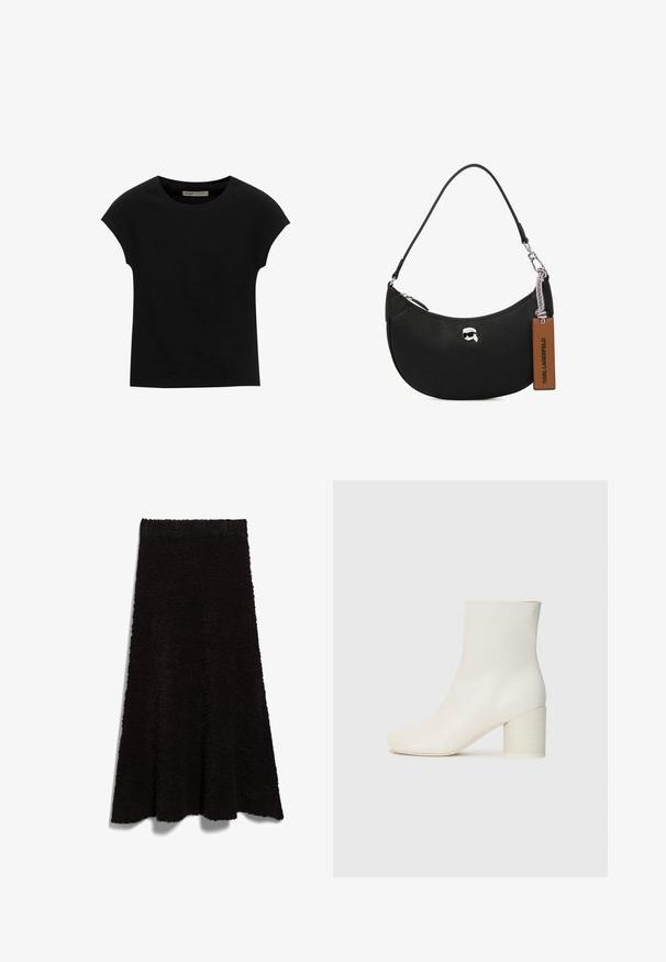 Schwarzes Kurzarm-T-Shirt aus weichem Stoff, mit Rundhalsausschnitt und lockerer Passform, glatter Textur und ohne Muster.; Schwarzer, flauschiger Stoffrock mit A-Linien-Form und rohem Saum. Die Textur wirkt weich und gemütlich, ideal für legere Kleidung oder zum Schichten.; Weiße Leder-Stiefelette mit runder Zehenform und klobigem, zylindrischem Absatz. Glatte Oberfläche, minimalistisches Design, ohne sichtbare Beschläge oder Muster.; Schwarze Lederhandtasche mit einer genarbten Textur, geschwungener Form, Reißverschluss oben, silberner Hardware und einem braunen Etikett. Verfügt über ein Logo-Detail.