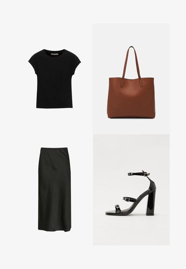 T-shirt noir à manches courtes en tissu doux, avec un col rond et une coupe décontractée, au toucher lisse et sans motifs.; Jupe midi noire fabriquée en tissu lisse et léger. Présente un design simple avec une taille élastique et une légère brillance.; Sandales à talons vernies noires avec un bout carré, des sangles autour de la cheville et des boucles en argent. Dotées d'un talon bloc épais pour plus de stabilité.; Sac fourre-tout en cuir marron avec une texture lisse, design à ouverture supérieure et deux poignées pour le porter à l'épaule. Présente des coutures minimales et aucun matériel visible.