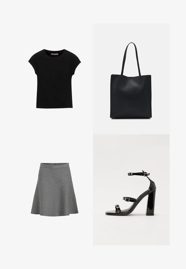 Mustat lyhythihaiset T-paidat, jotka on valmistettu pehmeästä kankaasta, pyöreä kaula-aukko ja rento istuvuus, sileä pinta eikä kuvioita.; Harmaa liehukehame, joka on valmistettu pehmeästä kankaasta. Hameessa on sileä vyötärö ja helma, joka kaartuu lempeästi ulospäin. Kankaassa on hieno tekstuuri, eikä siinä ole kuvioita.; Musta kiiltävä korkokenkä sandaalit neliönmuotoisella varpaalla, nilkkaremmillä ja hopeisilla soljilla. Varustettu tukevalla lohkokorkealla vakauden takaamiseksi.; Mustapahkainen kangaskassi, jossa on sileä pinta, suorakaiteen muotoinen ja kaksi pitkää kahvaa. Ei näkyvää metalliosaa tai koristeita.