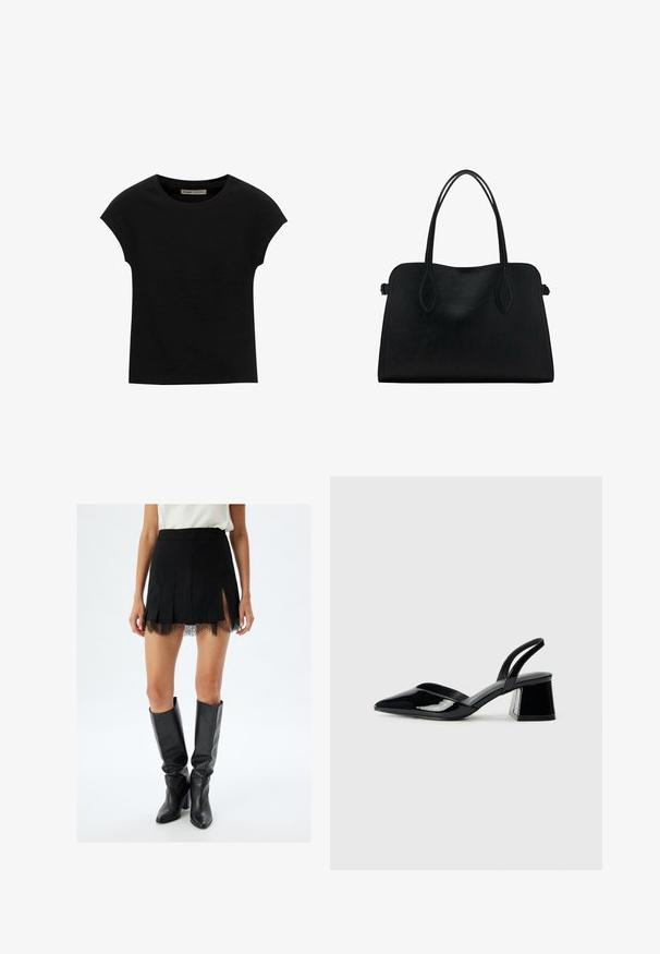 Schwarzes Kurzarm-T-Shirt aus weichem Stoff, mit Rundhalsausschnitt und lockerer Passform, glatter Textur und ohne Muster.; Schwarzer, plissierter Minirock mit Spitzenbesatz am Saum und seitlichen Schlitzen. Kombiniert mit knielangen schwarzen Lederstiefeln.; Schwarze Lackleder-Slingback-High Heels mit spitzem Schuh und einem geometrischen Blockabsatz. Verfügt über ein schlankes, minimalistisches Design und eine glatte Textur.; Schwarze Lederhandtasche mit zwei Schulterriemen, rechteckiger Form und minimalistischem Design auf weißem Hintergrund.