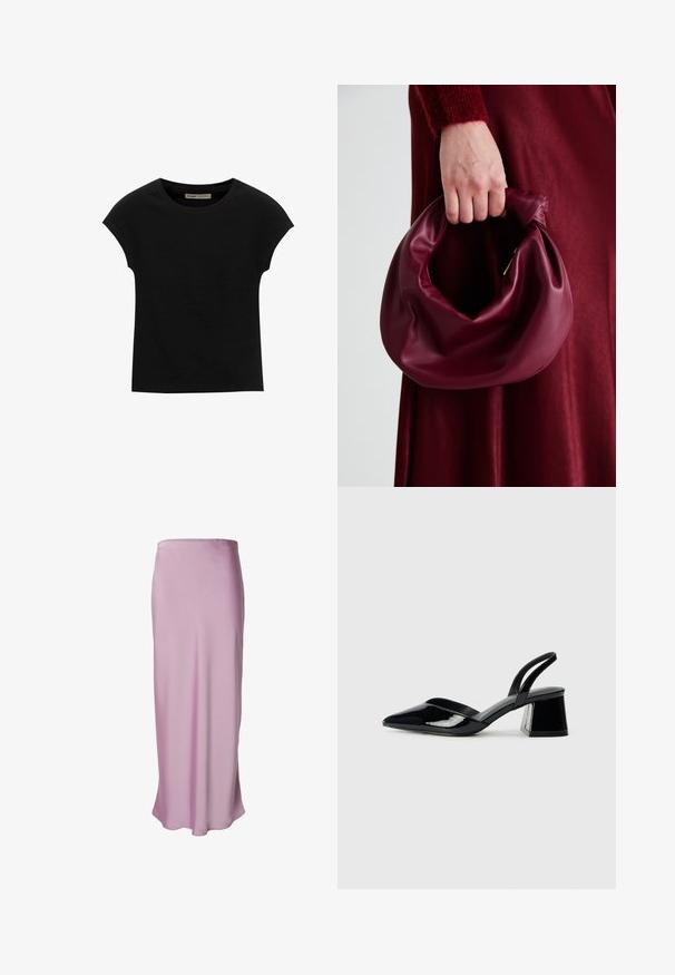 Zwarte korte mouwen t-shirt gemaakt van zachte stof, met een ronde halslijn en een ontspannen pasvorm, met een gladde textuur en zonder patronen.; Lange, A-lijn rok van lichtroze satijnen stof. Glad textuur met een vloerlange ontwerp en een eenvoudige, onversierde silhouet.; Zwarte gepatineerde leren slingback hakken met een spitse neus en een geometrische blokhak. Kenmerkt zich door een slank, minimalistisch ontwerp en een gladde textuur.; Bordeaux leren handtas met een zacht, gegathered ontwerp en een ronde vorm. De handgreep is stevig bevestigd en toont een gladde textuur.