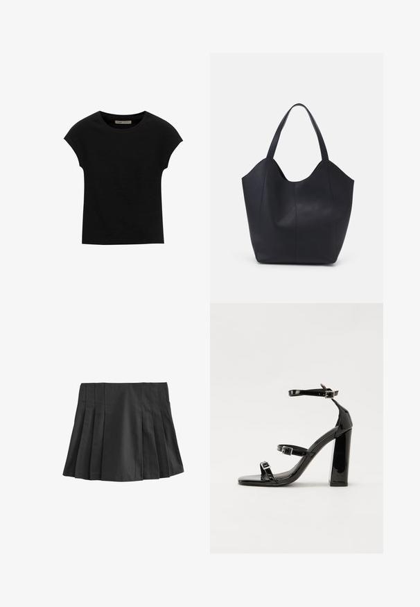Black short-sleeve t-shirt made of soft fabric, featuring a round neckline and a relaxed fit, with a smooth texture and no patterns.; Black pleated mini skirt with an elastic waistband. Made of smooth fabric, featuring multiple vertical folds for texture and design.; Black patent heeled sandals with a square toe, ankle straps, and silver buckles. Features a chunky block heel for stability.; Black tote bag made of smooth leather, featuring a curved, open top with two shoulder straps and a minimalist design.