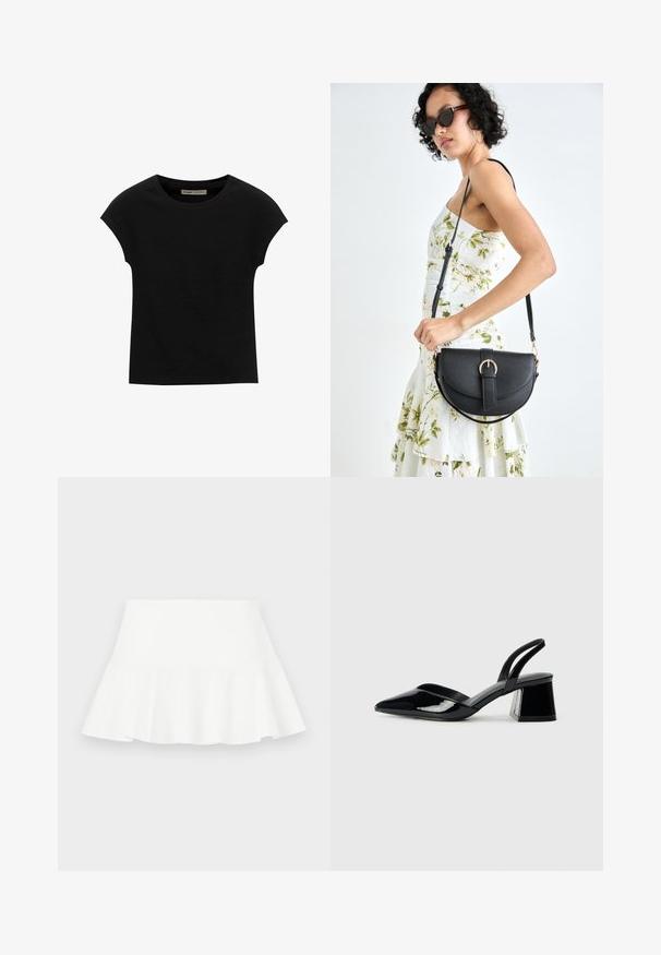 Černé tričko s krátkým rukávem vyrobené z měkké tkaniny, s kulatým výstřihem a volným střihem, s hladkým povrchem a bez vzorů.; Bílá áčková sukně má volánkový lem, hladkou texturu a elastický pas. Materiál se jeví jako lehký a prodyšný.; Černé lakované kožené lodičky na pásku s špičatou špičkou a geometrickým blokovým podpatkem. Vyznačují se elegantním, minimalistickým designem a hladkým povrchem.; Černá kožená kabelka s křivkovým tvarem, odnímatelným popruhem a zlatými detaily. Kabelka má klopu s přezkou.