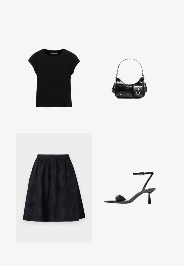 Mustat lyhythihaiset T-paidat, jotka on valmistettu pehmeästä kankaasta, pyöreä kaula-aukko ja rento istuvuus, sileä pinta eikä kuvioita.; Musta polvipituinen hame, jossa on joustava vyötärö, hienovaraisella ruudukkomuotoilulla ja sileällä pinnalla. Hameessa on lennokas muotoilu.; Bershka Korolliset sandaalit - black; Mustekko mustasta kiiltonahasta valmistettu käsilaukku, jossa on kaareva muoto, yksi olkahihna, etutaskut ja hopeanväriset yksityiskohdat.