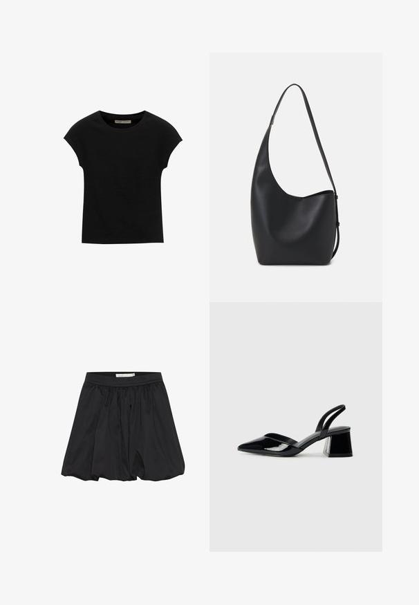 Schwarzes Kurzarm-T-Shirt aus weichem Stoff, mit Rundhalsausschnitt und lockerer Passform, glatter Textur und ohne Muster.; Schwarze Rock mit gerafftem Stoff und elastischem Bund, der eine glatte Textur und eine lockere, ausladende Form aufweist.; Schwarze Lackleder-Slingback-High Heels mit spitzem Schuh und einem geometrischen Blockabsatz. Verfügt über ein schlankes, minimalistisches Design und eine glatte Textur.; Schwarze Leder-Hobo-Tasche mit einer glatten Textur, geschwungener Form und einem einzelnen verstellbaren Tragegurt; verfügt über eine weite Öffnung am oberen Ende.