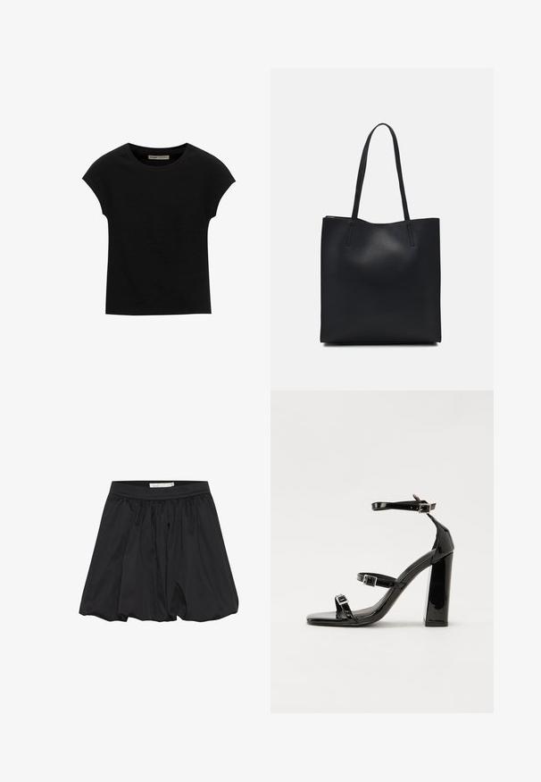 Schwarzes Kurzarm-T-Shirt aus weichem Stoff, mit Rundhalsausschnitt und lockerer Passform, glatter Textur und ohne Muster.; Schwarze Rock mit gerafftem Stoff und elastischem Bund, der eine glatte Textur und eine lockere, ausladende Form aufweist.; Schwarze patentierte Sandalen mit Absatz, quadratischer Spitze, Knöchelriemen und silbernen Schnallen. Mit einem stabilen Blockabsatz für mehr Stabilität.; Schwarze Laptoptasche aus Leder mit glatter Textur, rechteckiger Form und zwei langen Griffen. Keine sichtbaren Beschläge oder Verzierungen.