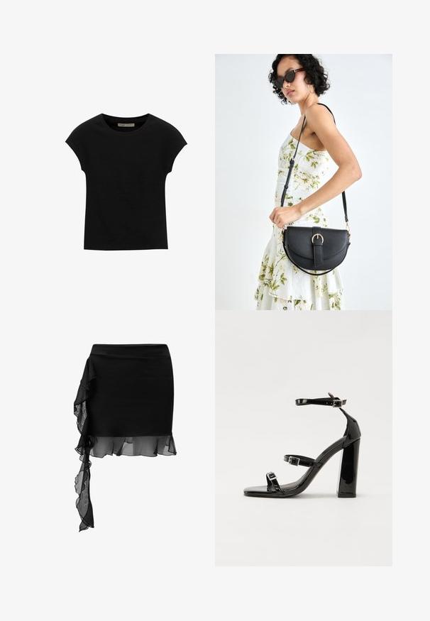 Schwarzes Kurzarm-T-Shirt aus weichem Stoff, mit Rundhalsausschnitt und lockerer Passform, glatter Textur und ohne Muster.; Schwarze, taillierte Rock, der asymmetrisch von der Taille bis zum Saum mit einem transparenten Rüschendetail drapiert ist. Glatte Textur.; Schwarze patentierte Sandalen mit Absatz, quadratischer Spitze, Knöchelriemen und silbernen Schnallen. Mit einem stabilen Blockabsatz für mehr Stabilität.; Schwarze Lederhandtasche mit geschwungener Form, abnehmbarem Tragegurt und goldenen Beschlägen. Die Tasche verfügt über einen Deckel mit einer Schnallen-Details.