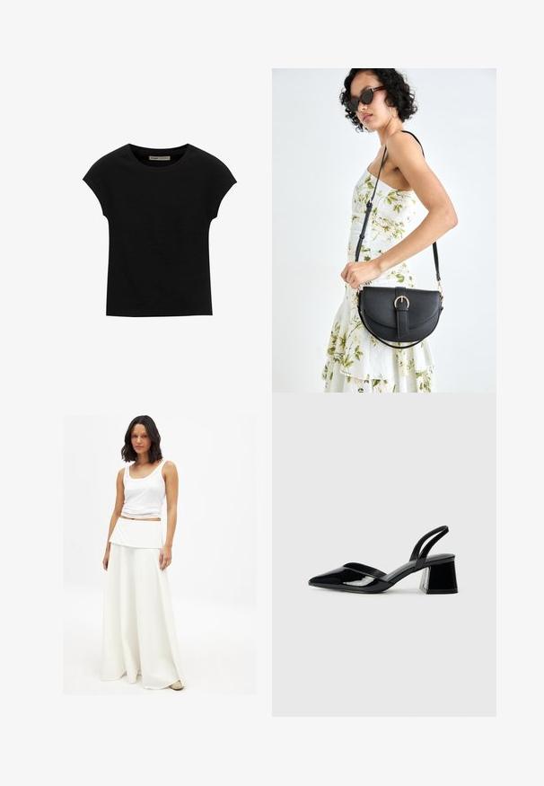 Črna kratka majica s kratkimi rokavi, narejena iz mehke tkanine, z okroglim izrezom in sproščenim krojem, z gladko teksturo in brez vzorcev.; Bela majica na bretele u kombinaciji s prozračnom bijelom maksi suknjom. Suknja ima slojeviti, presavijeni pojas i mekan, glatak tekstur.; Črne lakirane slingback pete s koničastim nosom in geometrijsko blokasto peto. Imajo eleganten, minimalističen dizajn in gladko teksturo.; Črna usnjena torbica s ukrivljeno obliko, z odstranljivo naramnico in zlatimi dodatki. Torbica ima pokrov s podrobnostmi v obliki zaponke.