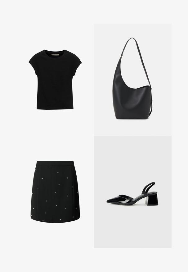 Zwarte korte mouwen t-shirt gemaakt van zachte stof, met een ronde halslijn en een ontspannen pasvorm, met een gladde textuur en zonder patronen.; Zwarte rok van stof met een gladde textuur, versierd met verspreide zilveren studs als accenten. Rechte snit met een schone zoom.; Zwarte gepatineerde leren slingback hakken met een spitse neus en een geometrische blokhak. Kenmerkt zich door een slank, minimalistisch ontwerp en een gladde textuur.; Zwarte leren hobo tas met een gladde textuur, kromme vorm en een enkele verstelbare schouderband; heeft een brede opening aan de bovenkant.